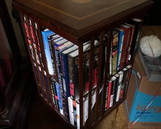 #13 Small Book Self on Wheels w/inlay top - Spins and Rolls as an end table - (as is scratch on top) - 19square x 31"Tall $200.00