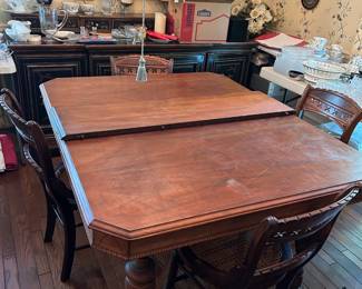 #25 Wood Table w/4 legs w/1 leaf and 4 chairs (chairs don't match Table but go well together, 1 chair has issues) - 54-66x44x28 $150.00