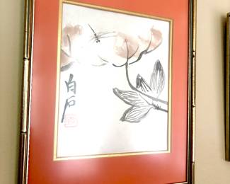 Trio of Chinese ink wash style in gold bamboo frames