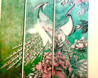 Striking 58" tall 3 panel Peacocks and Flowers