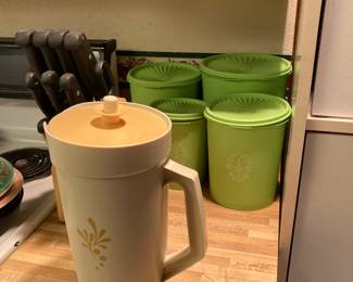 vintage Tupperware canister set with matching scoop, Tupperware pitcher, knife block set