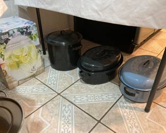 enamelware roasters and stock pot