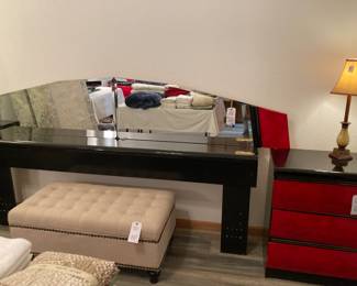 Ashley "Anita" mirrored headboard, upholstered bench storage, bedside chest