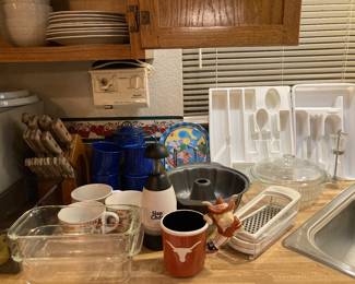 kitchen, including Pyrex loaf pans, covered vegetable