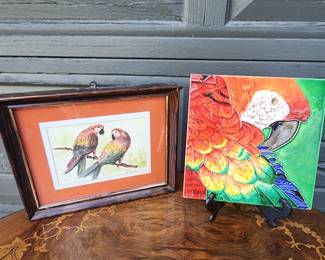 SIGNED ORIGINAL PAINTING AND PARROT TILE