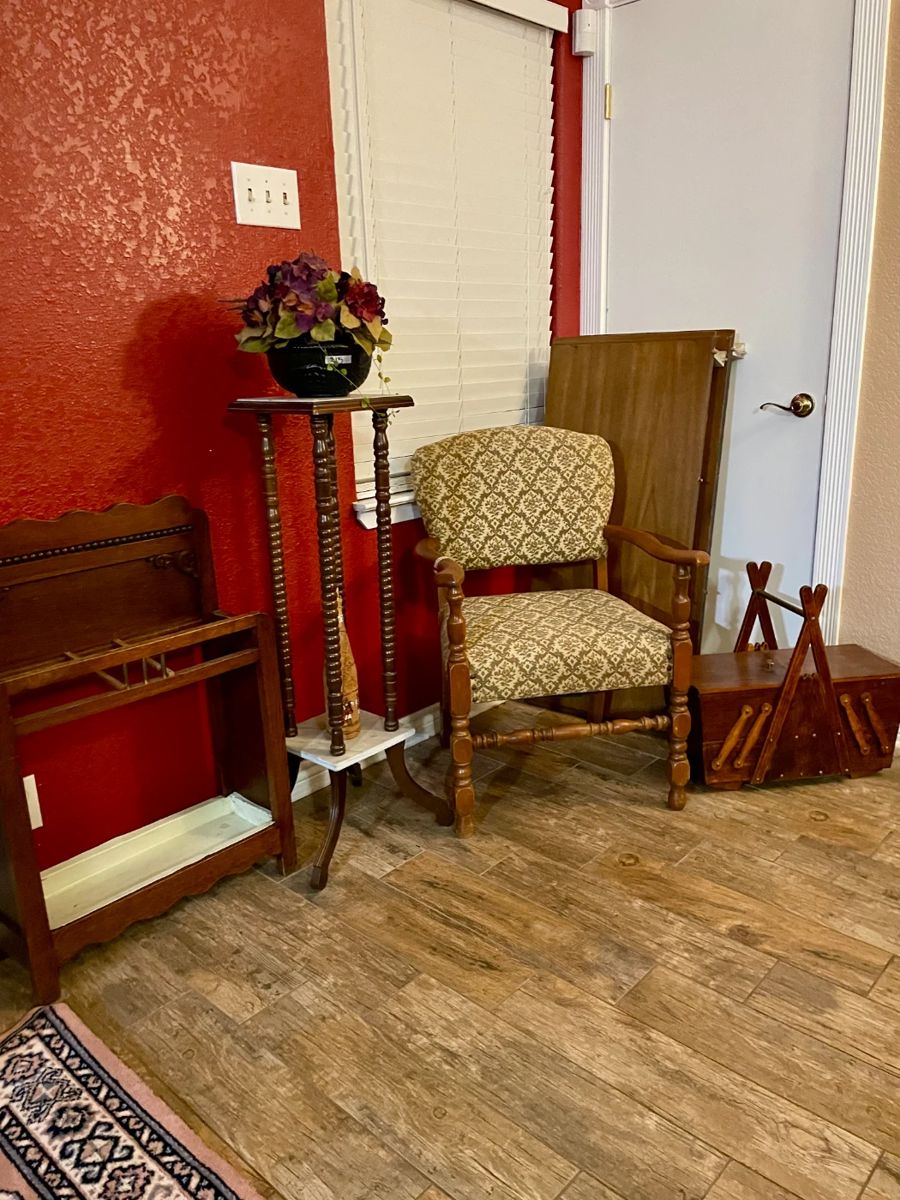 antique umbrella stand, marble top plant stand, wooden sewing basket, vintage chair