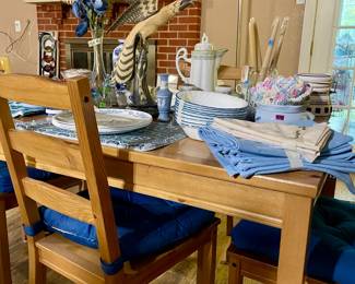 dining tables, Correll ware, tea set, crochet doilies, placemats, and cloth napkins