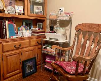Hutch, metal shelf, vintage rocking chair
