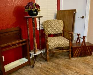 antique umbrella stand, marble top plant stand, wooden sewing basket, vintage chair