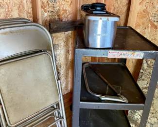 folding chairs, metal rolling cart
