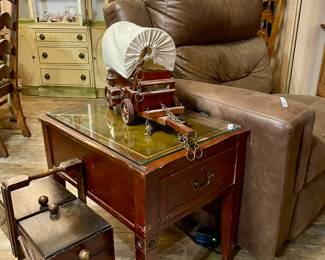 Vintage China cabinet, small sewing basket, western wagon, Belgium rug