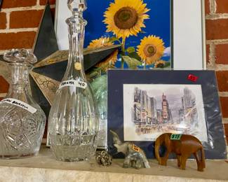 crystal decanters, elephant figurines