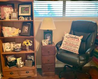 western bookcase, vintage 3 drawer night stand, rolling electric chair