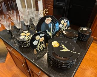 Fitz & Floyd "Midnight Poppy" china, stemware