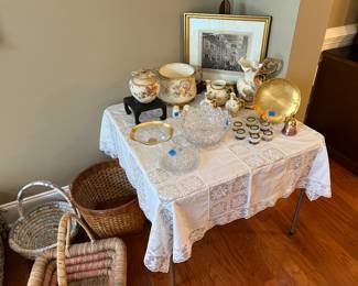 Cut glass, baskets, misc decor