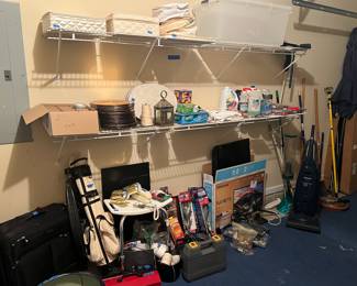 Misc garage, Miele vacuum, grill brushes, small toolbox, china storage containers