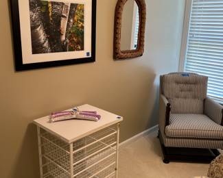 Antique rocker, storage drawers, wicker mirror