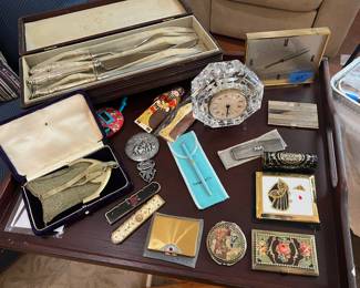 Sterling carving set, clocks, handbag, compacts, misc