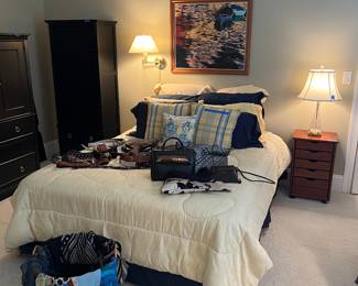 Queen bed, linens, handbags, belts, scarves, lamps, side table