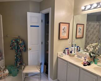 Misc bathroom, vanity bench, rug, shower curtain, robe