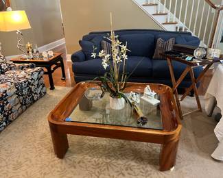 Glass top coffee table, Sheryl Koch kaleidoscope, floral arrangement, glass top side table, lamp, misc decorative accessories