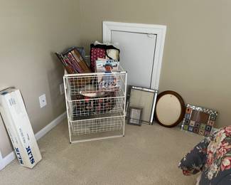 Knitting accessories, tripod, picture frames, storage drawers