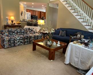 Sofas, glass top coffee table