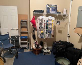 Misc garage, ladders, luggage, wheel chair, decorative hose reel bowl