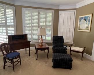 Upholstered chair and ottotman, vanity bench, side table, lamp, artwork, Victorian chair, Lady's desk
