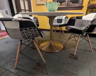 Mushroom table, vintage MCM style patchwork chairs