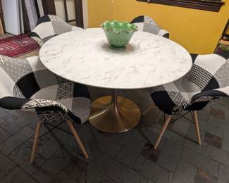 Mushroom table, MCM style patchwork chairs