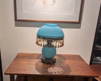 Mission Arts and Crafts oak desk, Vintage Lamp