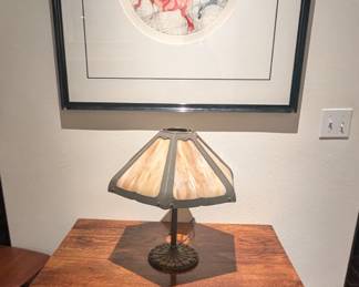 Arts and Crafts Mission desk, Vintage Slag Lamp, Signed Artwork