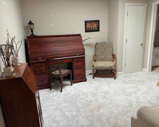 Roll top deck , chair, petite secretary, sitting chair