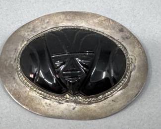 Mexican Silver and Onyx Brooch