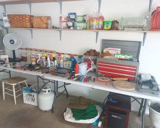 Misc garage tools, heaters, fans and cleaning supplies