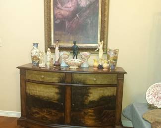 Painted buffet and china decor accented by fine art
