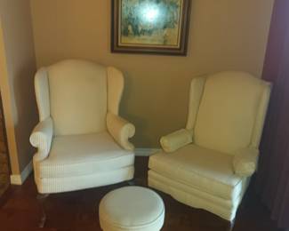 Highback chairs and ottoman. Sharing is a virtue.