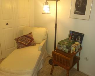Fainting couch, side table and cool floor lamp