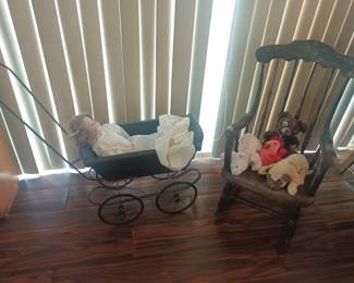 Vintage baby stroller with doll, childrens rocking chair