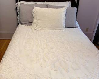 Antique bedroom set includes full bed, tallboy dresser and mirrored dresser.