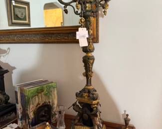 French Bronze Figural Candelabras Pair, Waterford Atomizer Bottle, Cast Iron "The Thinker Bookends"