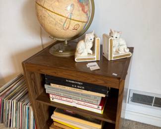 Globe, Lefton Ceramic Cat Bookends, Rolling Wooden Side Table, Books