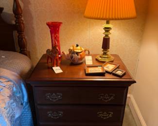 Wooden Side Table, Wall Art, Decorative Table Lamp, Andy Capp Teapot, Nils Olson Dala Horse