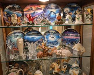Bird Figurines & Collectable Plates & Lighted Curio Cabinet