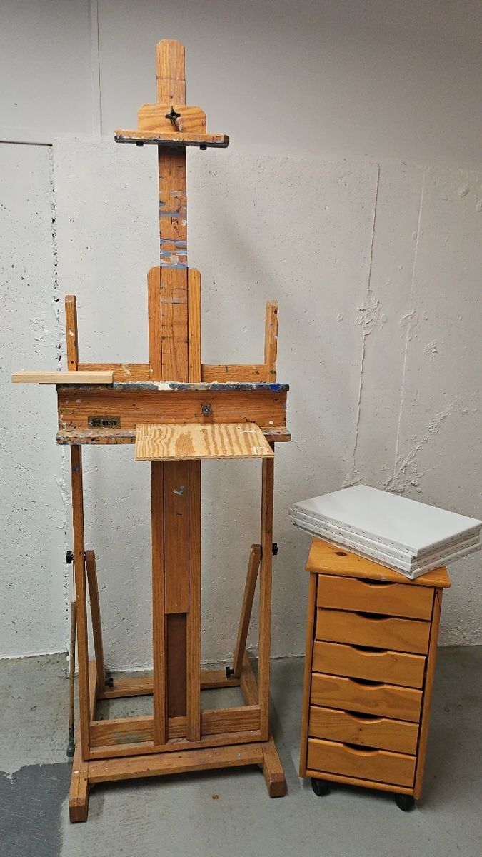 Artist Studio Bundle Oak Easel, Rolling Storage Cabinet Blank Canvases