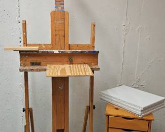 Artist Studio Bundle Oak Easel, Rolling Storage Cabinet  Blank Canvases