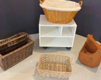 Assorted Lot Of Baskets And Small White Rolling Cart 