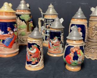 Collection of 10 German Beer Steins Pewter Lids Some Detached