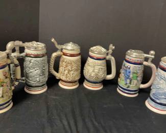Set of 6 Collector Beer Steins with Pewter Lids Sports  Americana Themes